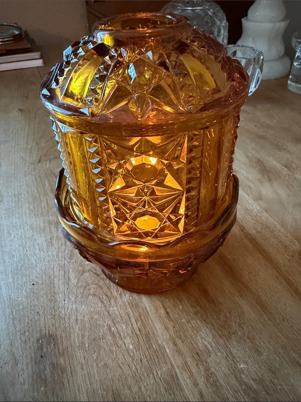 Indiana Glass Amber Pressed Glass Fairy Lamp